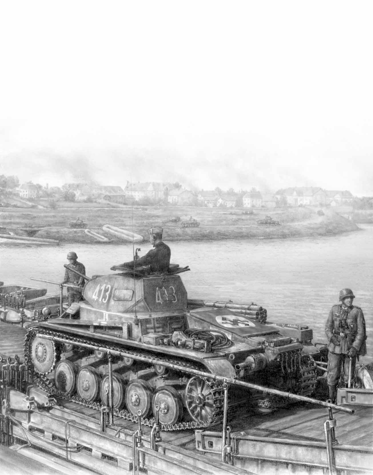 Pencil illustration: a Panzer II crosses the Meuse on a pontoon bridge, the town of Sedan smoking on the far bank.